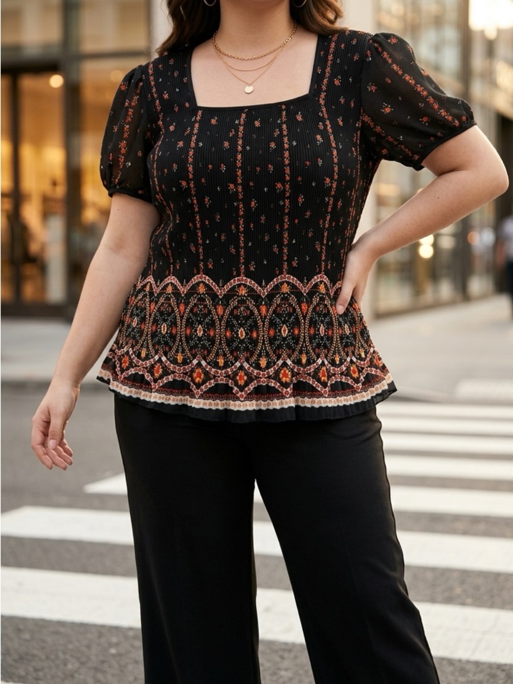 Contempo Penningtons 1X Boho Peplum Top Black Floral Embroidered Square